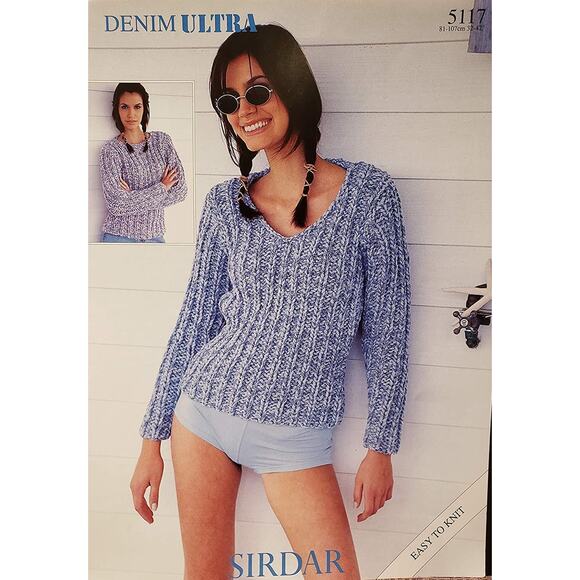 New Sirdar 5117 Denim Ultra Womens V Neck Crewneck Sweater Knitting Pattern - Picture 4 of 5